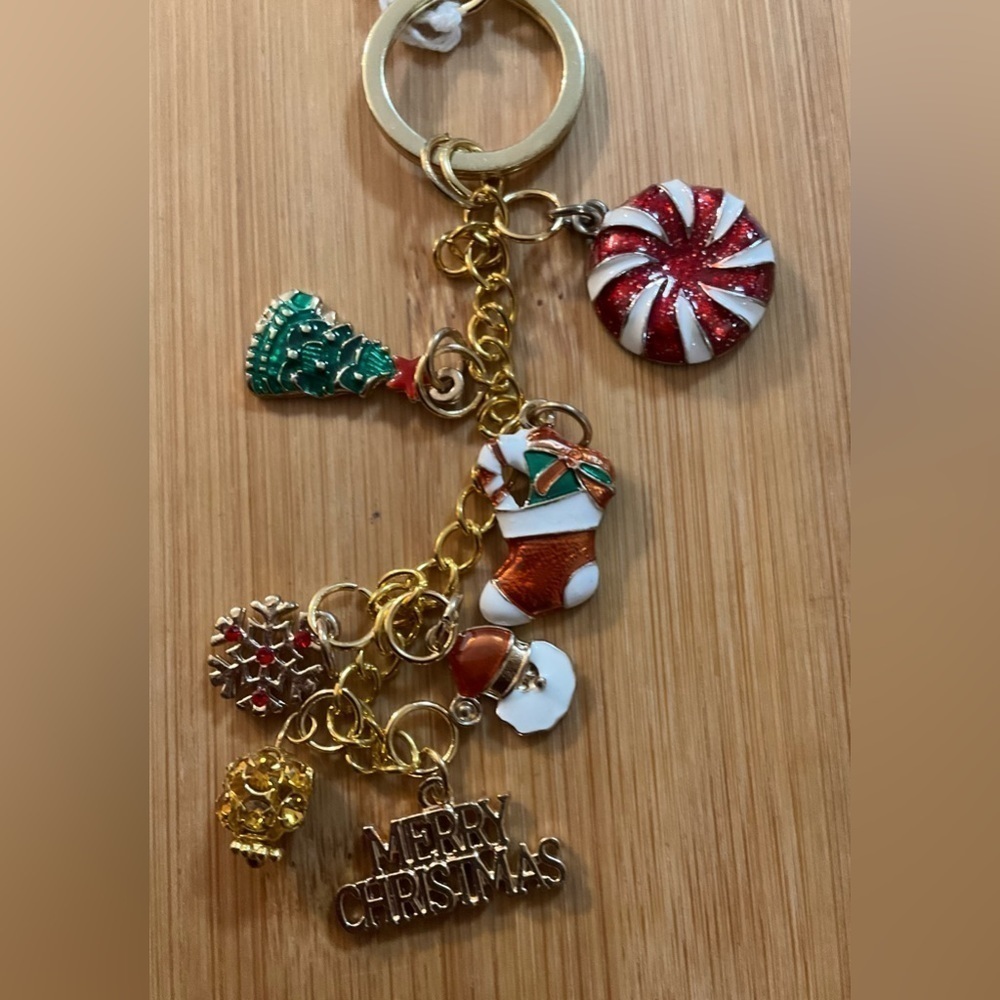 Hand Crafted Purse Charm Keychain Merry Christmas Red Green White Gold Chain